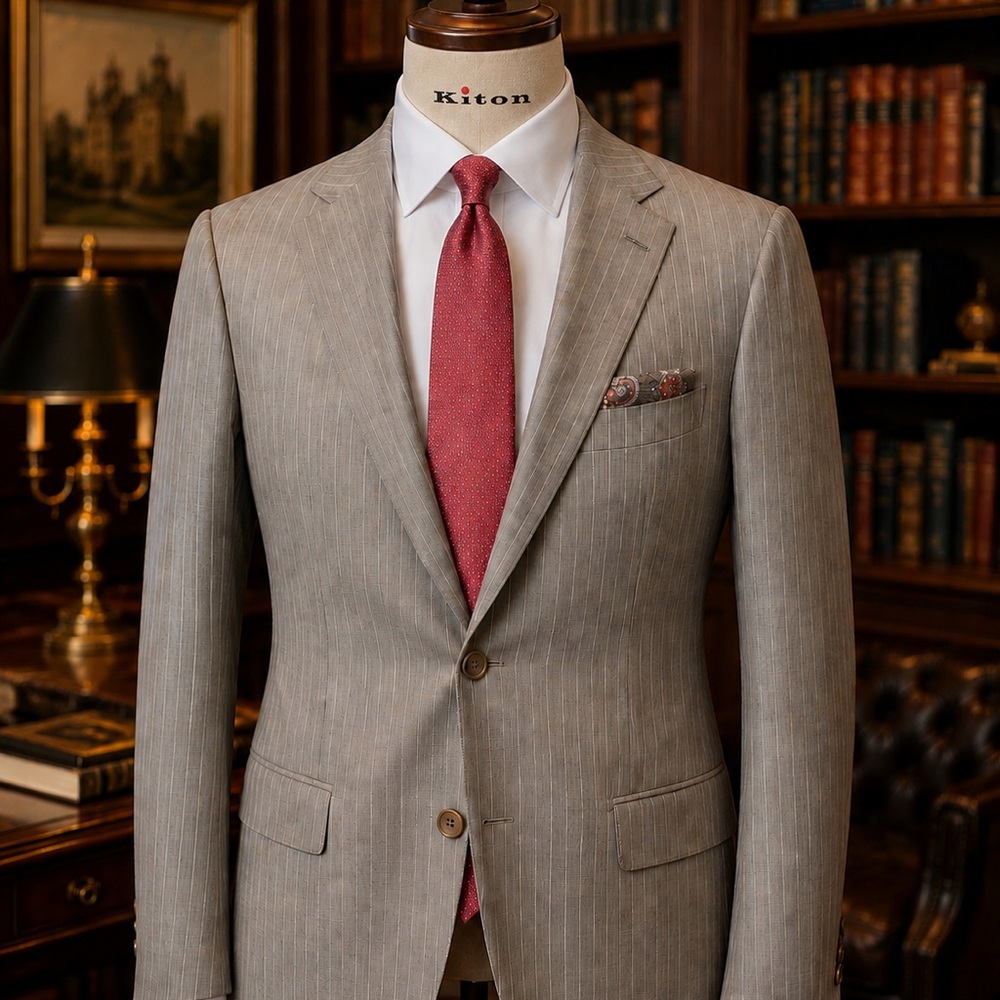 Kiton Summer Pin Stripe in Pearl Grey + Salvatore Ferragamo Pink Silk Tie
